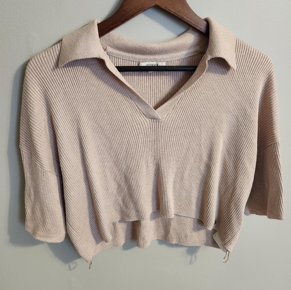 Guess Women's Oversized Cropped Knit Collared Top Size M Pink Lightweight - Picture 12 of 12
